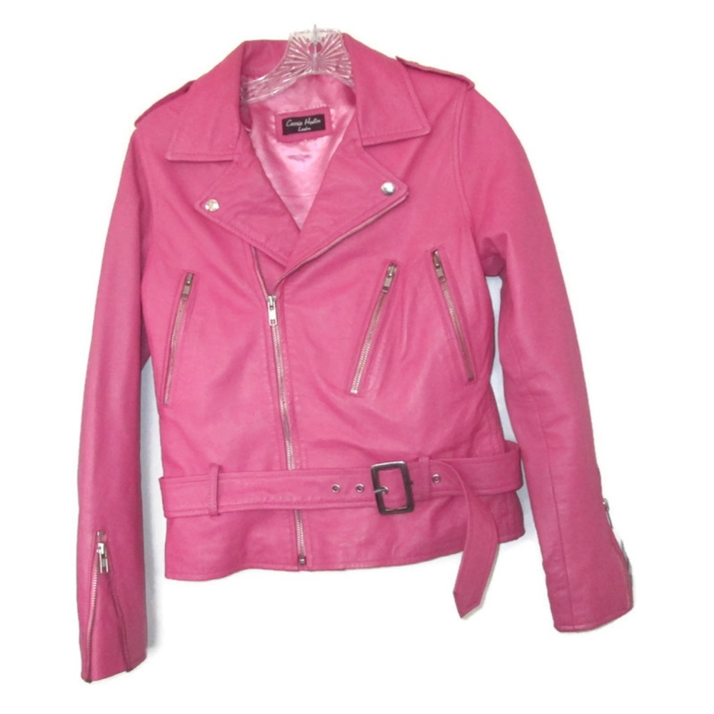 hot pink crop leather biker jacket size xs small 4